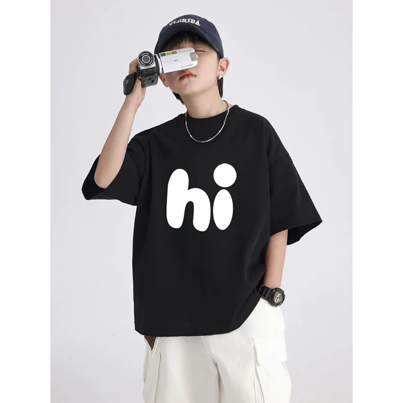 男童纯色新款T恤短袖夏季字母印花上衣男女宝宝韩版穿搭宽松打底