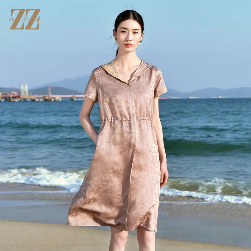 佐尔美夏季新款连帽休闲提花100%桑蚕丝气质真丝连衣裙女E32LS81