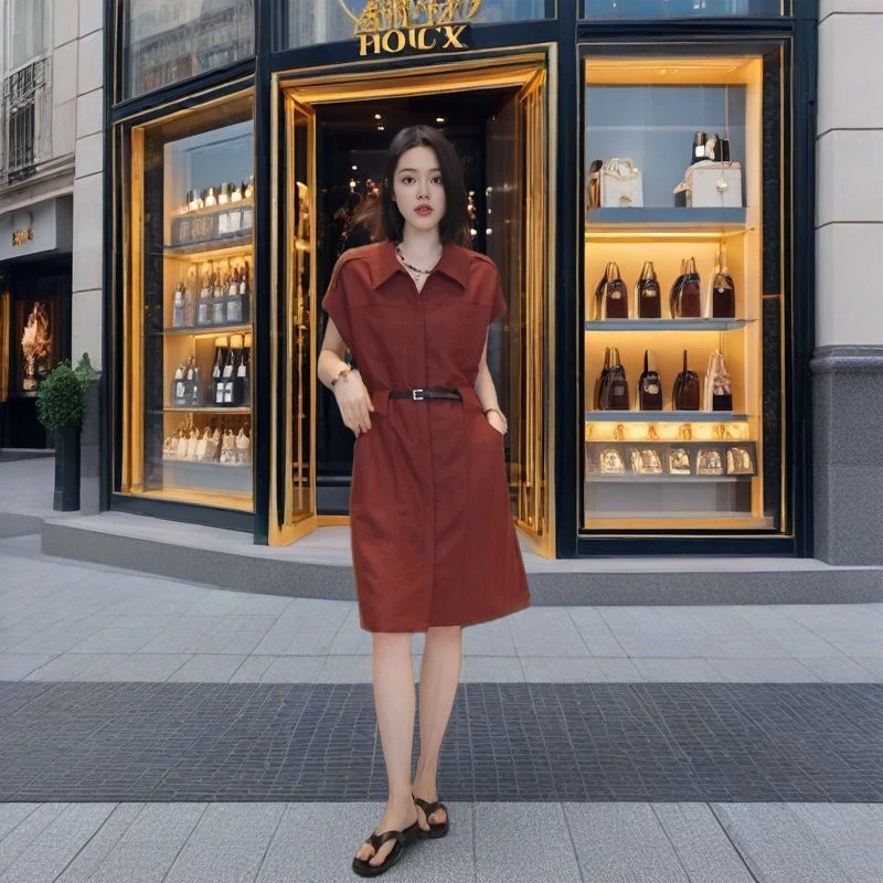 POLO领清新甜美夏季气质连衣裙高腰裙子复古小个子中长裙送腰带