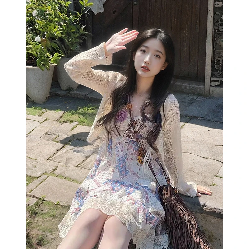 时尚套装连衣裙开衫纯欲吊带裙温柔蕾丝夏季复古显瘦碎花小众