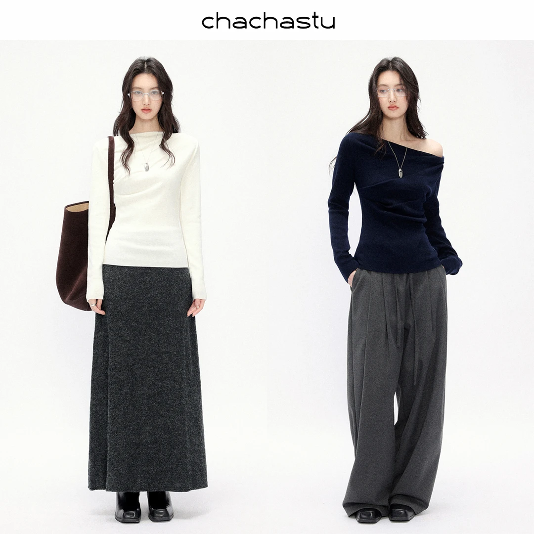 CHACHASTU【极简主义】复古捏褶收腰高腰显瘦针织衫V1981