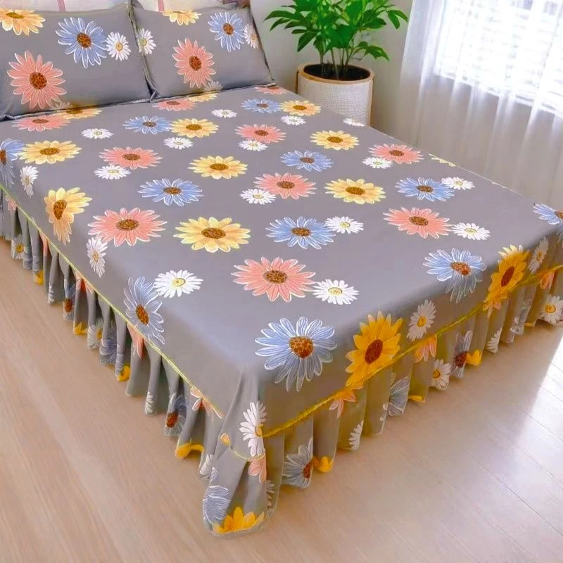 （心想事成太阳花灰色）加厚磨毛斜纹亲肤棉单独床裙