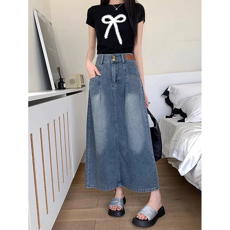 2025年夏季新款复古牛仔半身裙女高腰后开叉中长款大码显瘦a字裙