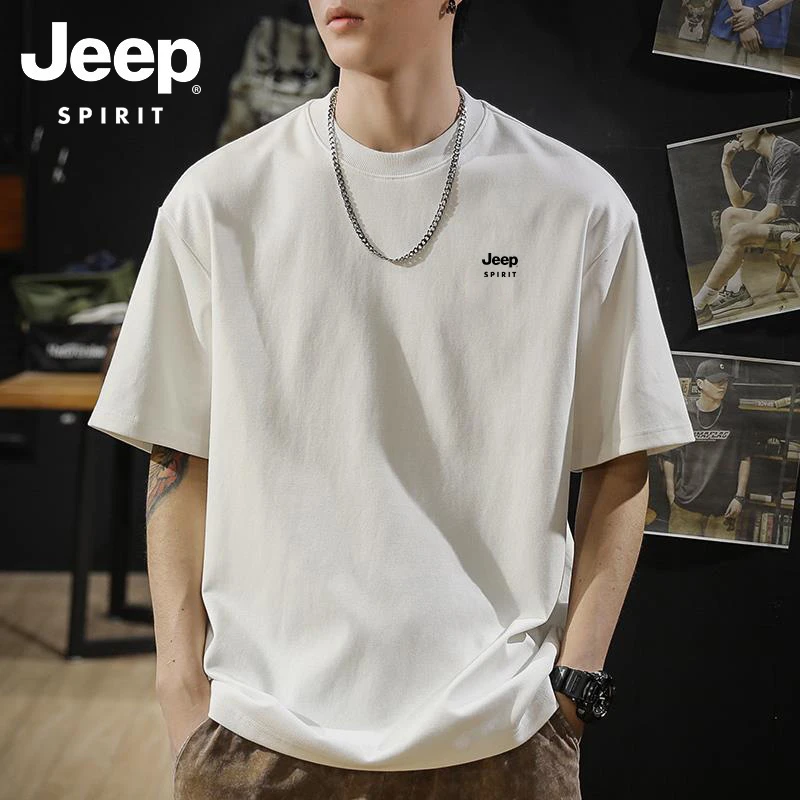 Jeep吉普男士纯棉短袖t恤夏季新薄款时尚白色宽松圆领休闲T恤男装