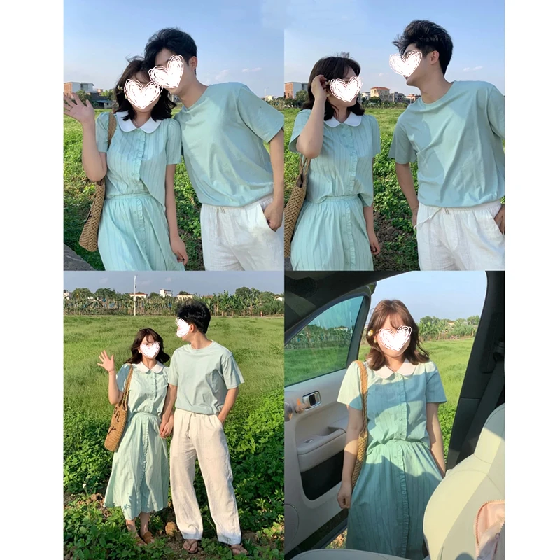 FRVXO【夏日青柠】韩系夏日清新绿短袖polo领衬衫松紧腰长半裙套