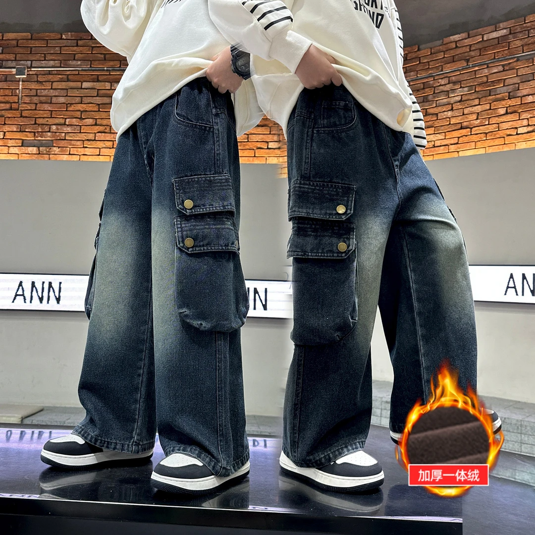 中大男童一体绒秋冬季工装裤男童加绒加厚宽松直筒裤男孩工装长裤