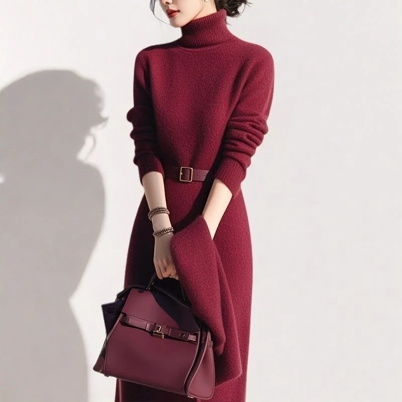 秋冬季法式气质名媛高领女神高级端庄大气新款针织连衣裙收腰显瘦