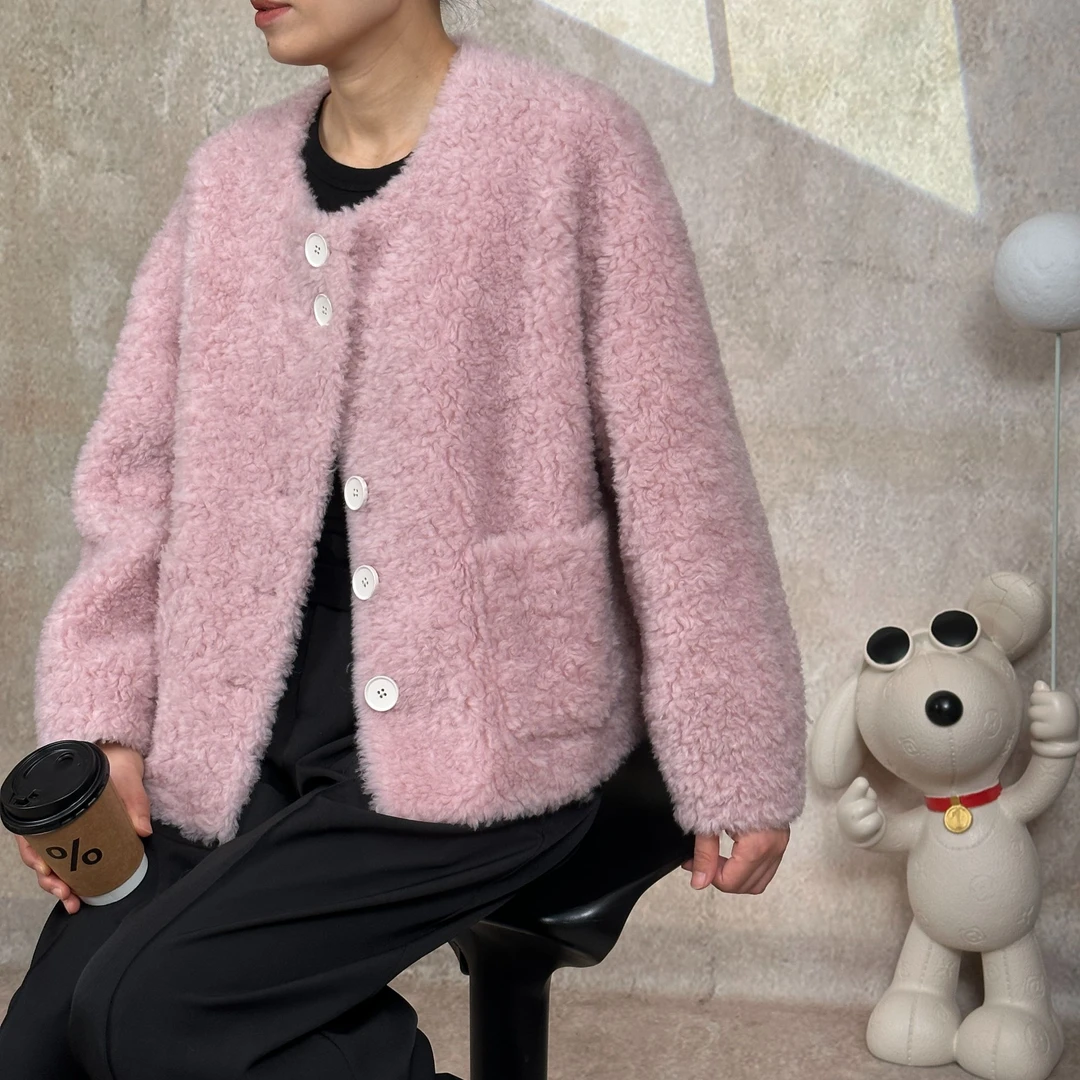 100%绵羊毛廓形韩系可爱休闲短款外套冬季保暖大衣