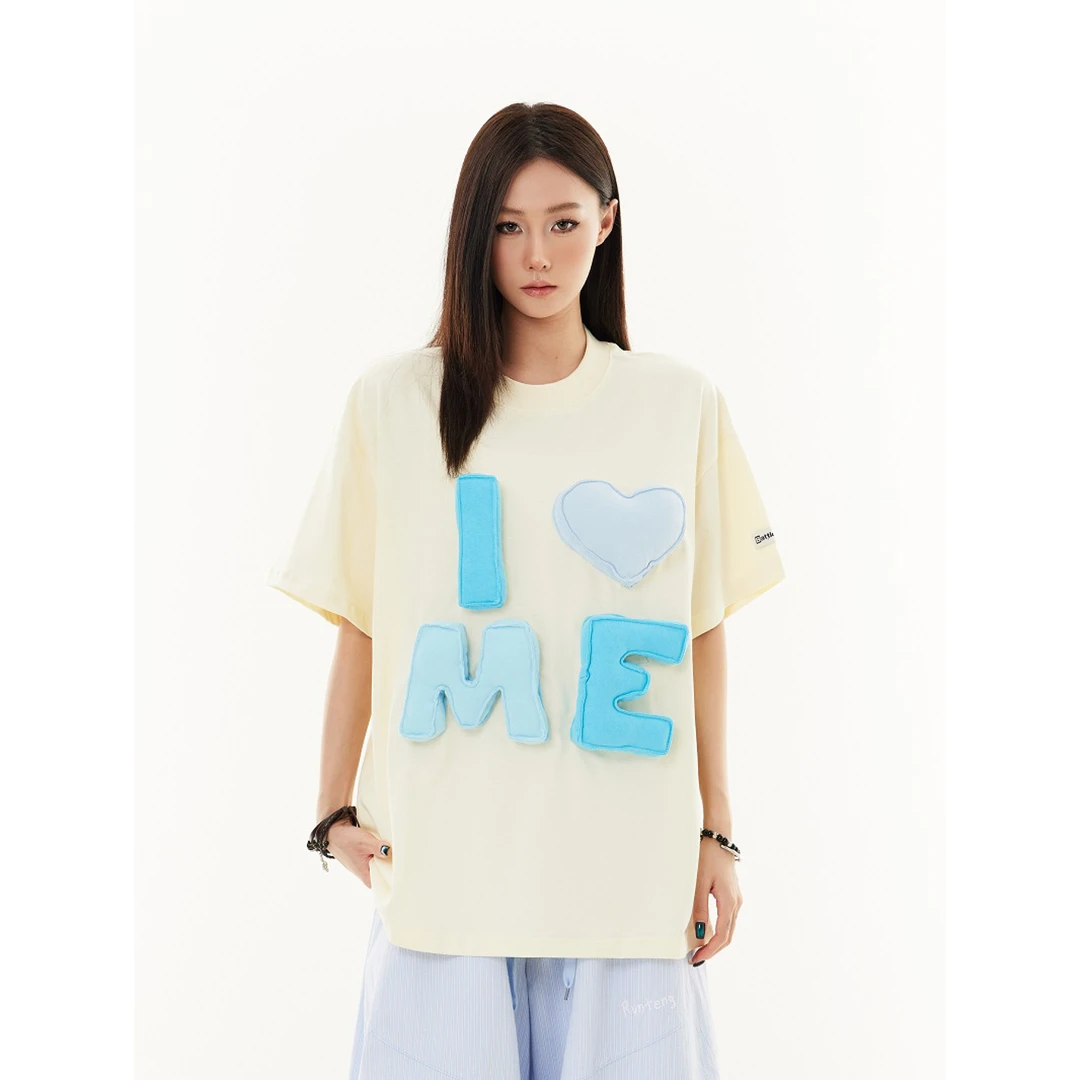 SREK 美式复古刺绣立体字母爱心短袖t恤男女夏季宽松百搭情侣上衣