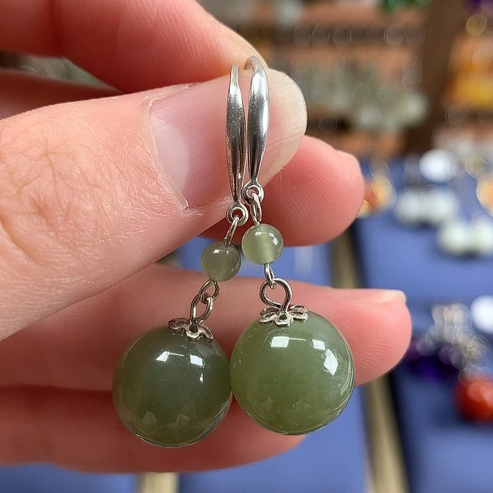 和田玉银S925镶嵌耳饰12左右晴水绿