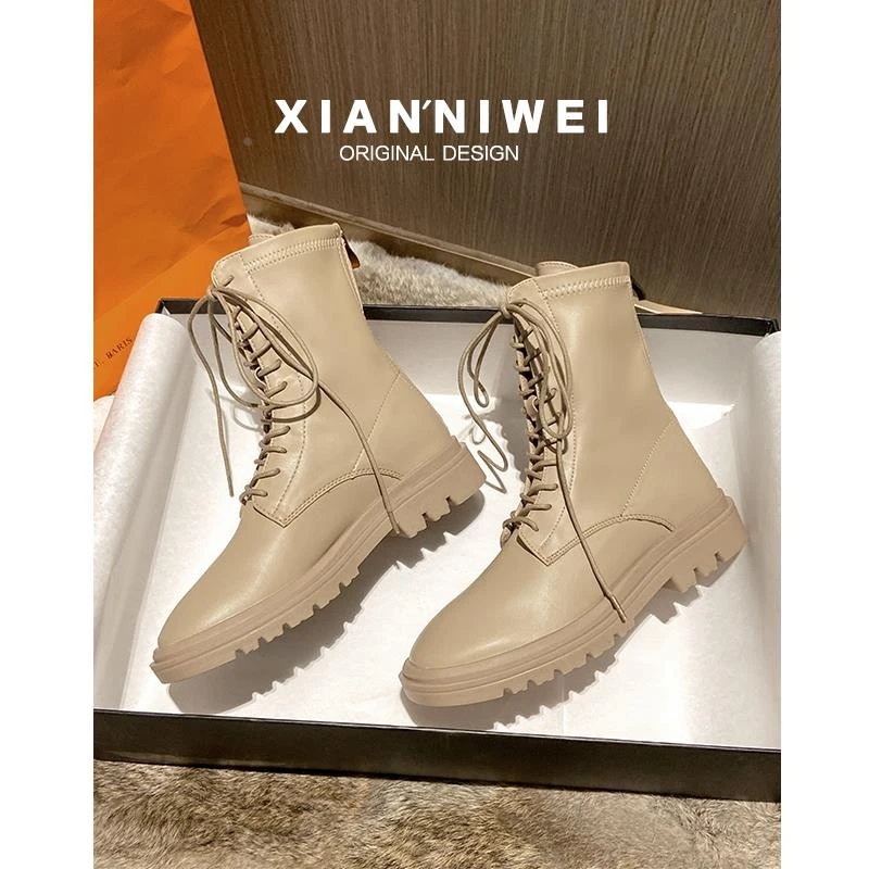 马丁靴子女短靴春秋单靴2025年新款中筒靴系带圆头中跟粗跟机车靴