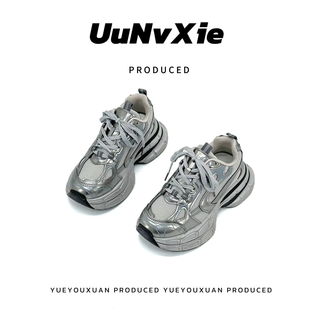 爆款银色厚底显脚小老爹鞋女2025秋季新款透气网鞋小个子增高运动