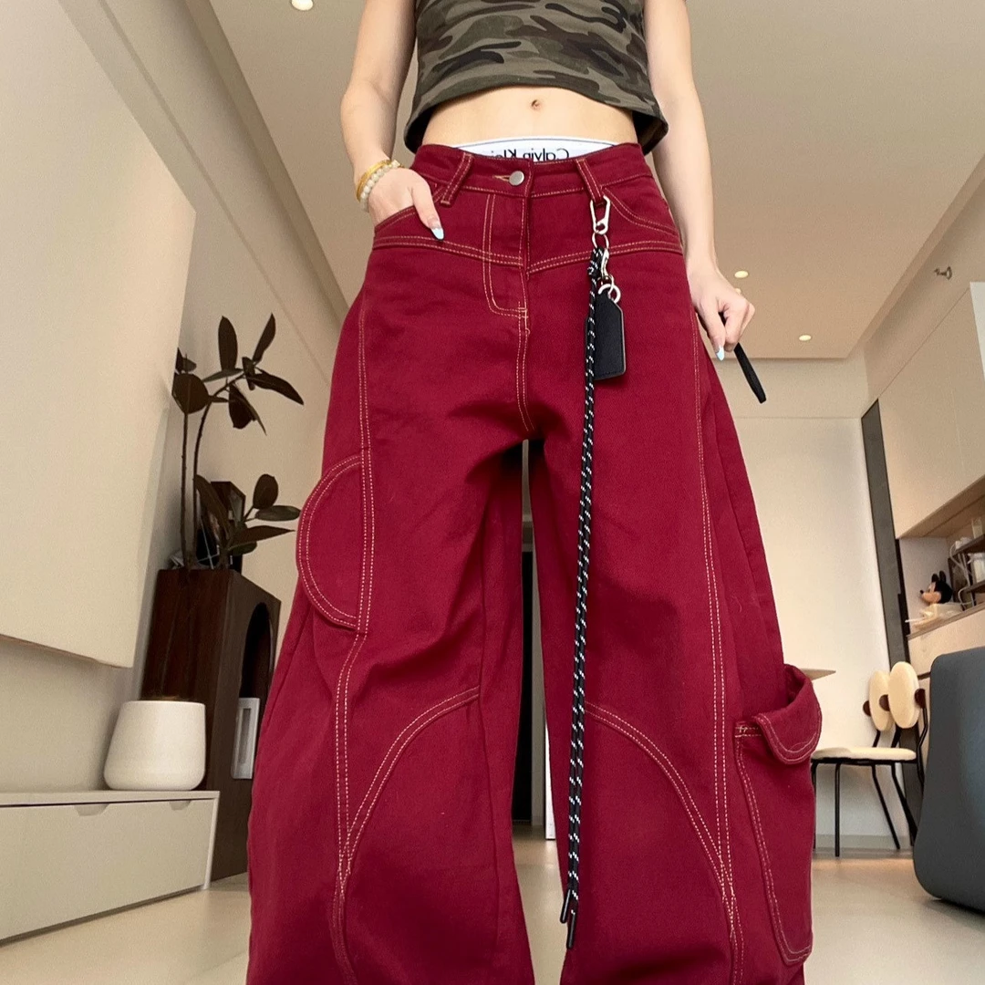布零零美式红色弯刀复古牛仔裤女解构明线设计感阔腿宽松工装裤子