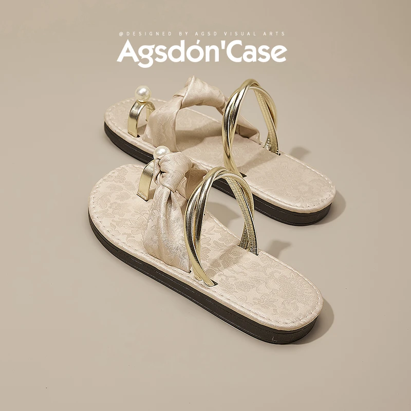 奥古狮登新中式拖鞋女2025新款夏季外穿法式凉拖国风珍珠夹趾凉鞋