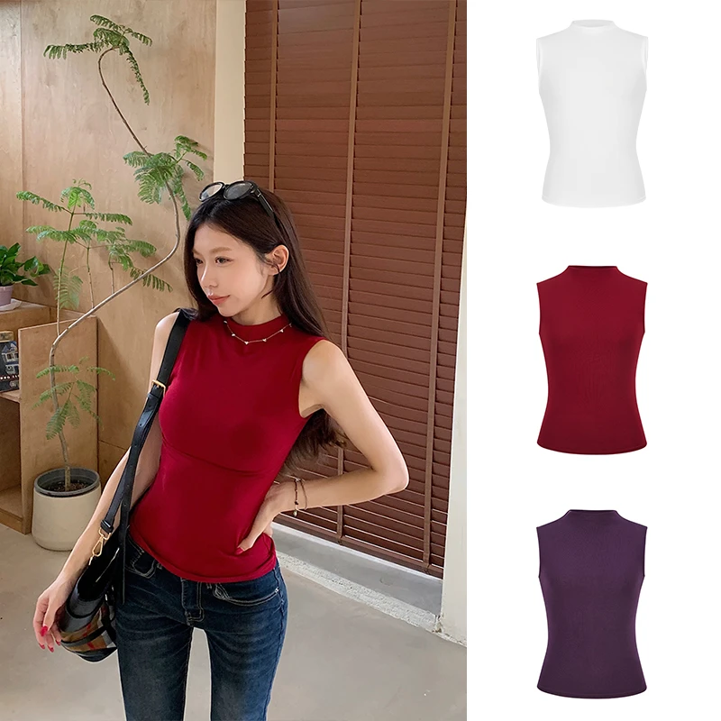 2025韩版夏季新款纯欲辣妹百搭半高领无袖背心修身显瘦上衣夏