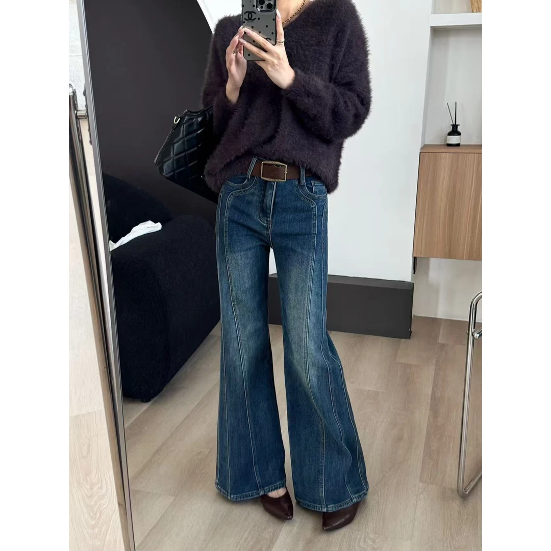 SP美式复古设计感阔腿牛仔裤女秋季高腰垂感拖地裤内里磨毛配皮带