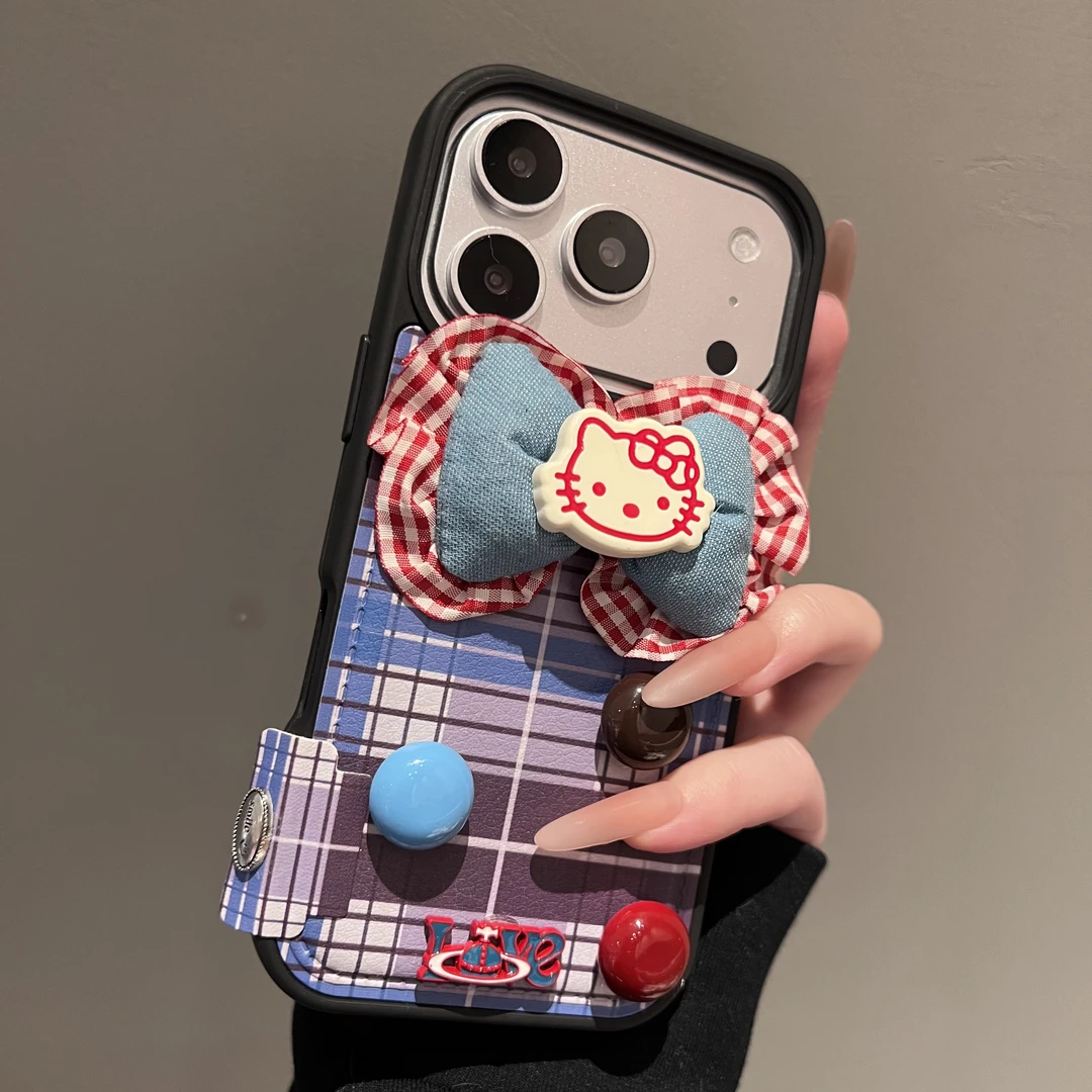 复古蓝白格拼接立体蝴蝶结猫咪适用苹果17promax手机壳15iphone16