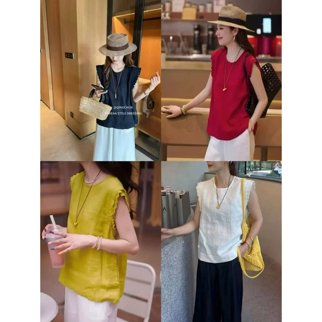 韩系复古蕾丝花边拼接无袖宽松洋气小衫半袖