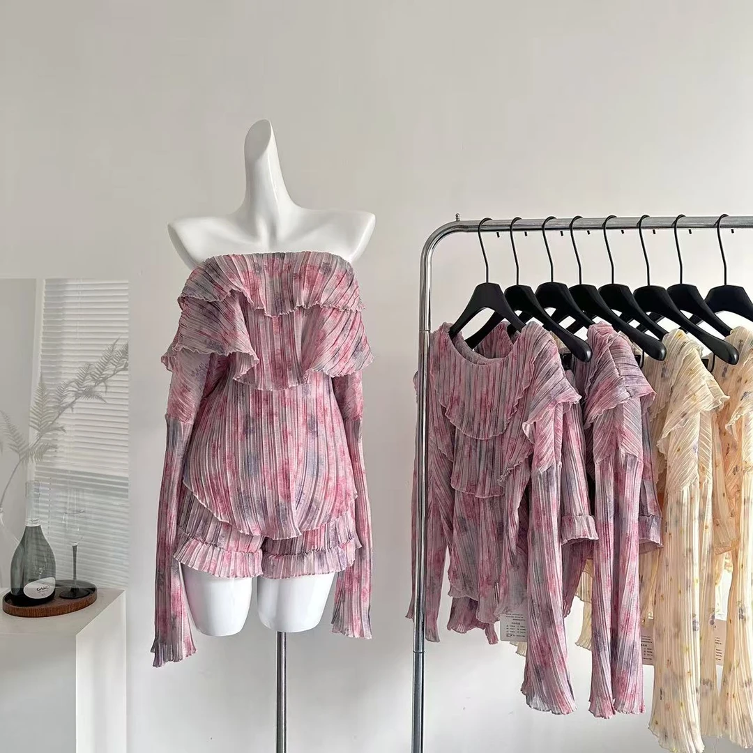 冰冰春日藤蔓两件套绝美褶皱一字肩上衣短裤套装女夏宽松显瘦