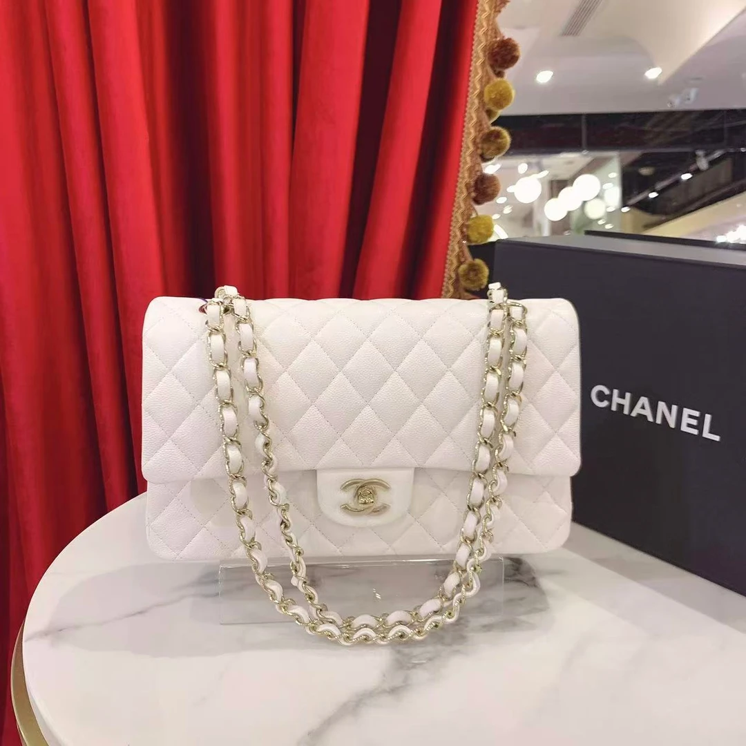 99新 Chanel/香奈儿 cf中号白色金扣荔枝牛皮芯片款/56322876