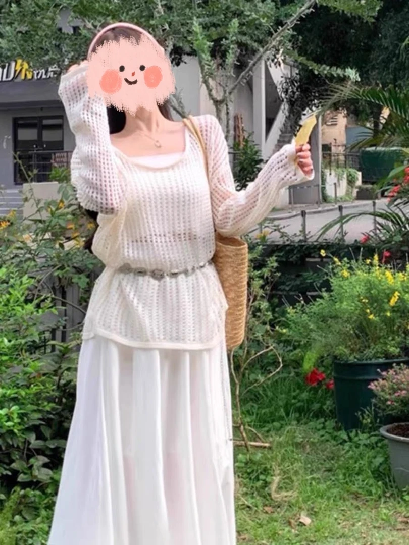 大码微胖吊带长裙针织罩衫遮肉显瘦两件套1719#