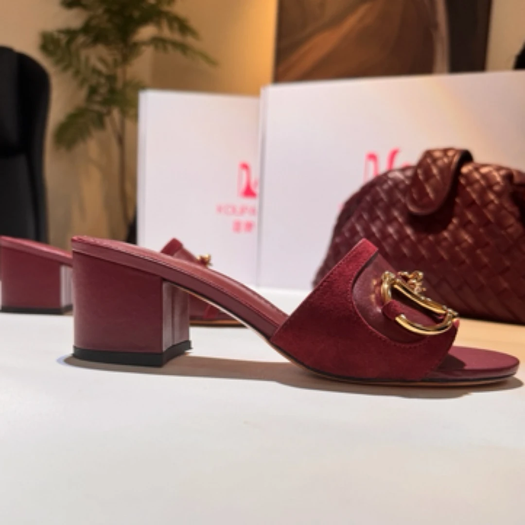 【蔻牌女鞋】5cm凉拖时尚气质百搭凉拖露趾粗跟复古懒人真皮凉拖