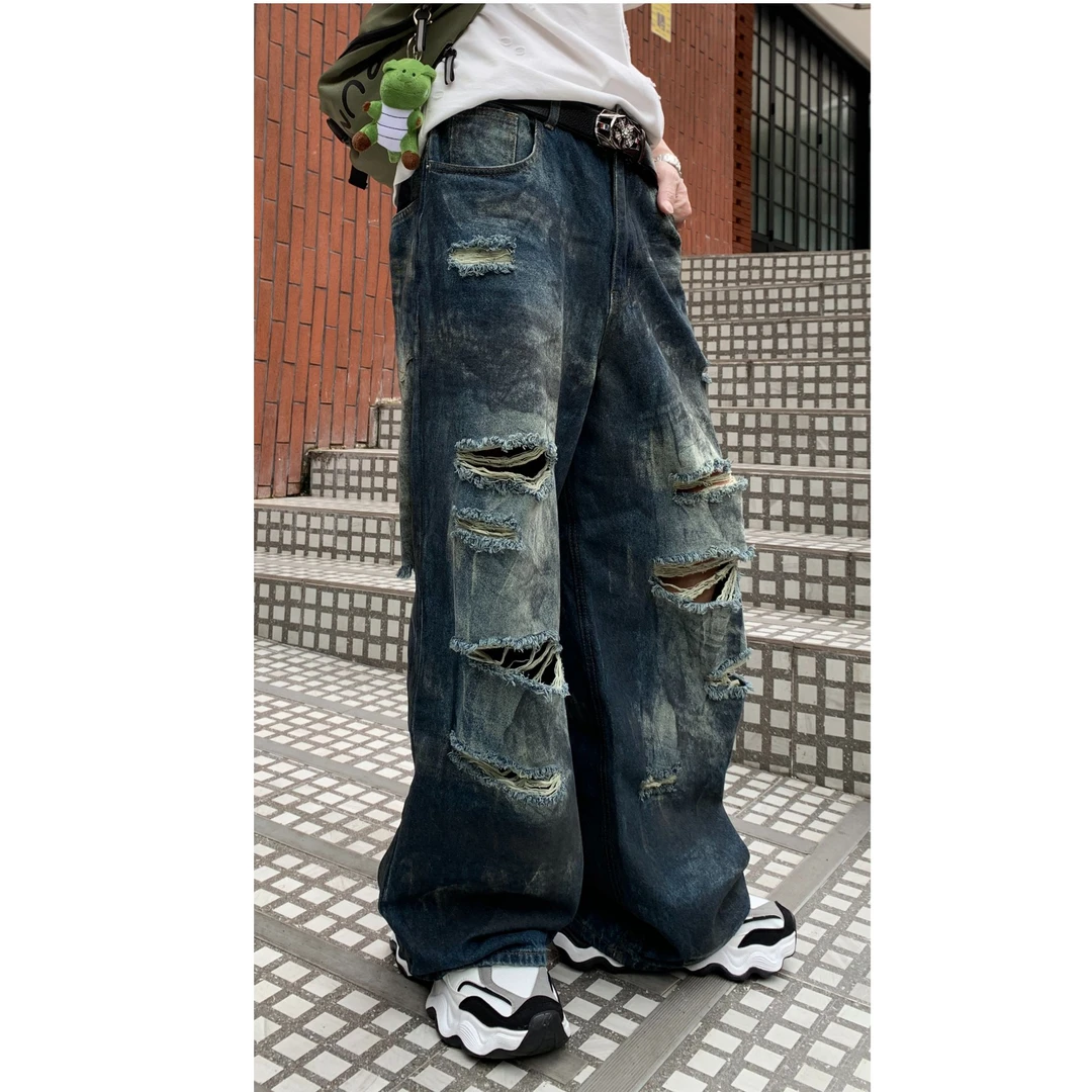 【巴黎日落】夏季新款重工废土风擦色洗水磨破宽松阔腿牛仔裤情侣潮
