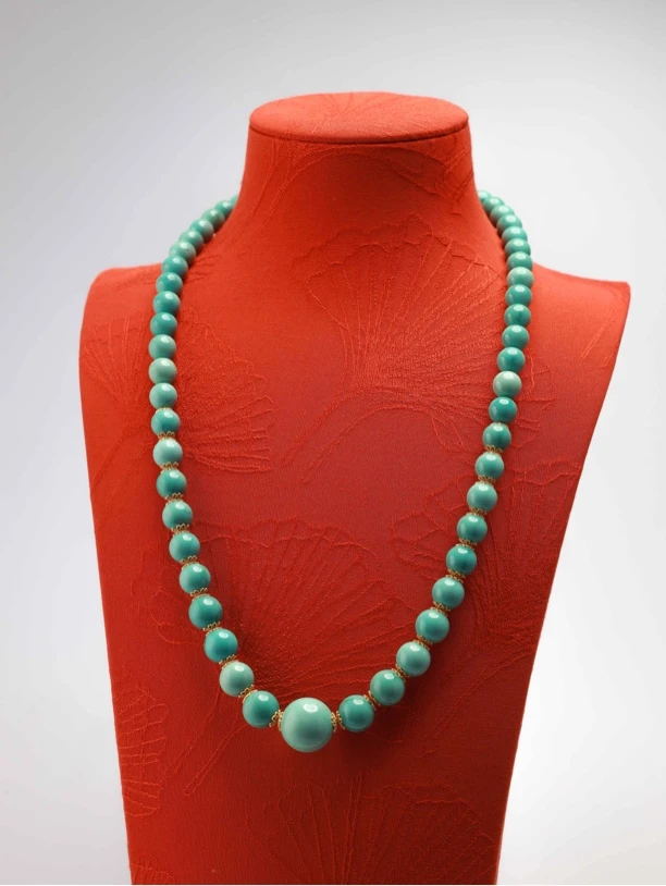 绿松石丫角山一期果冻料绿圆珠18K金项链塔链