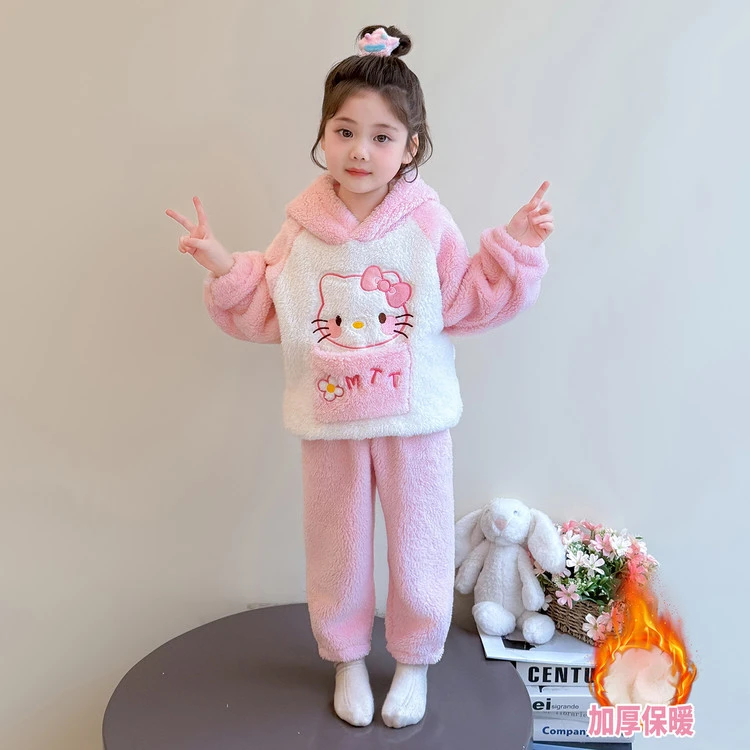 女童KT猫睡衣秋冬款法兰绒儿童保暖珊瑚绒洋气女孩宝宝卡通家居服