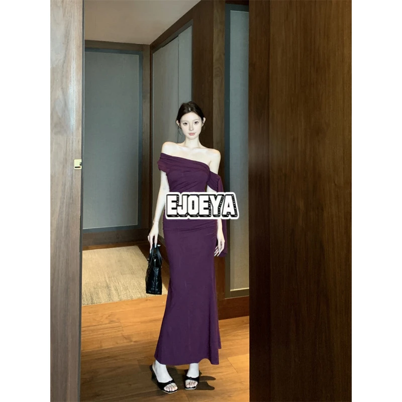 气质EJOEYA黄色斜领一字肩针织女收腰裙子法式性感包臀鱼尾长裙