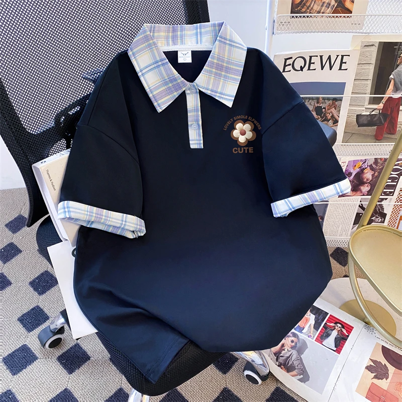 女大童夏季新款POLO衫中长款拼接短袖T恤学院风青春活力休闲大码