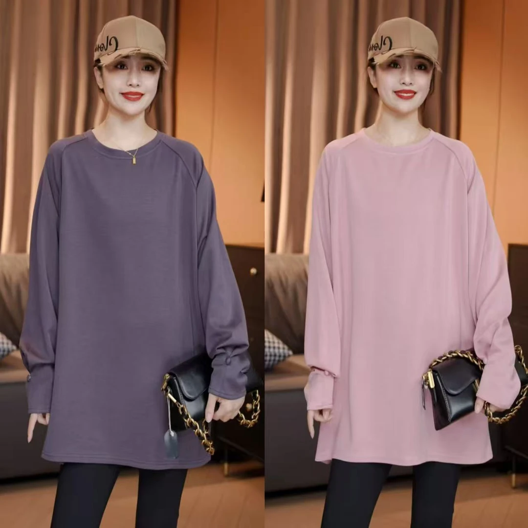 秋季新款 袖口纽扣长袖宽松T恤气质显瘦遮肉百搭遮肚圆领上衣