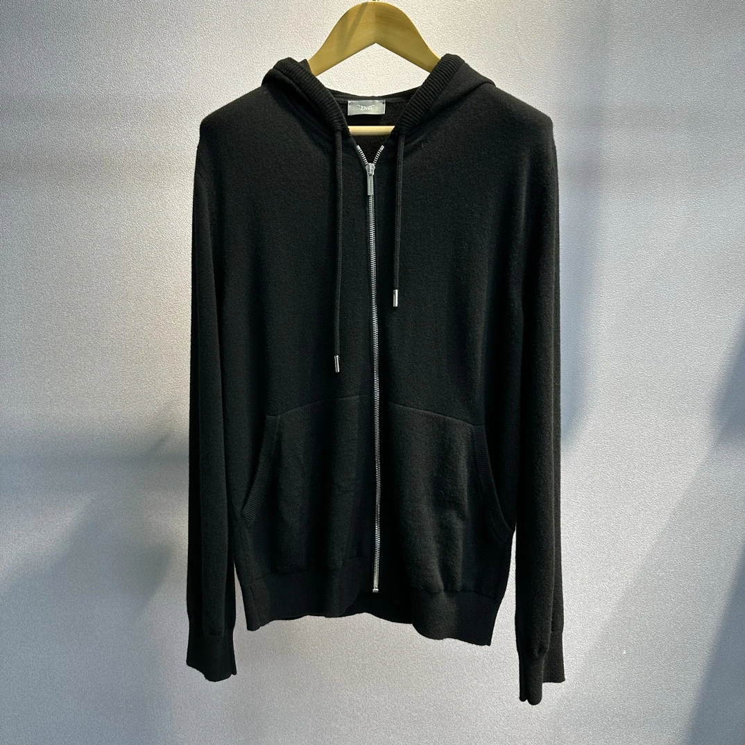 未使用 DIOR/迪奥 男士经典款黑色三色螺纹连帽羊绒开衫114402