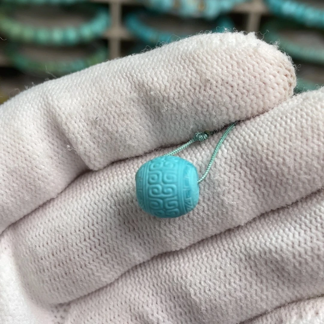 绿松石未镶嵌水波纹高瓷蓝回纹珠