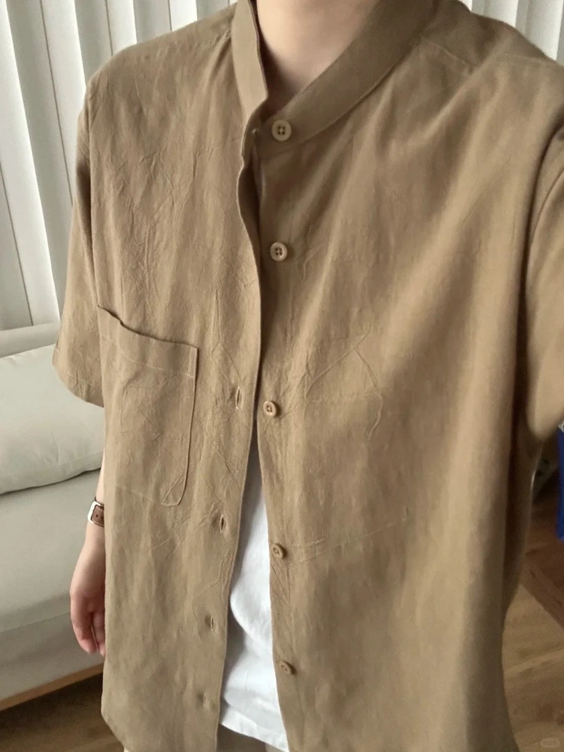 新中式棉麻纹理感短袖衬衫男女款夏季竹节棉立领衬衣百搭复古防晒