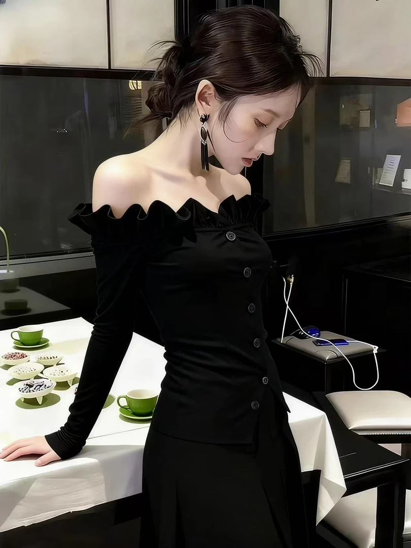 D12绝美单穿上衣女2025新款爆款气质掐腰黑色一字肩露肩长袖衬衫