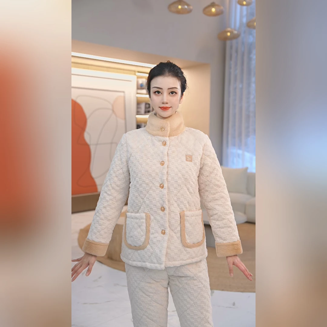 秋鹿牛奶绒烂花立领夹棉女套舒适休闲保暖冬款加厚加绒家居服