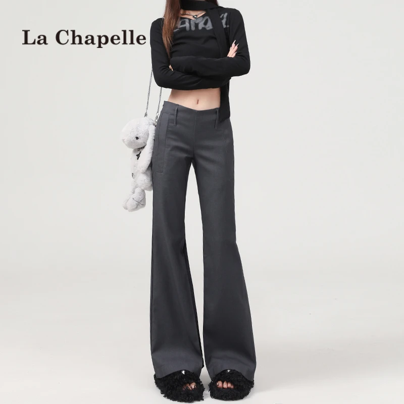 拉夏贝尔灰色辣妹低腰微喇休闲裤女春秋新款修身显瘦垂感西装裤子