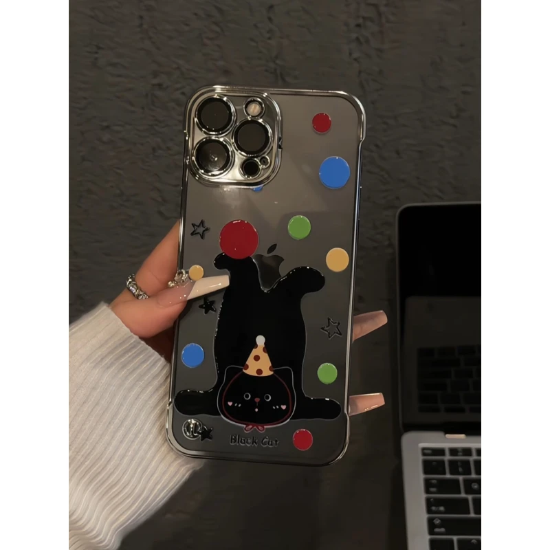 适用苹果16pro电镀无边框手机壳iPhone15小众华为p彩色圆点猫咪14