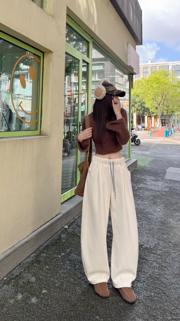 工厂店-(阔绰有型)秋冬加绒加厚韩版垂感高腰宽松弯刀阔腿裤百搭