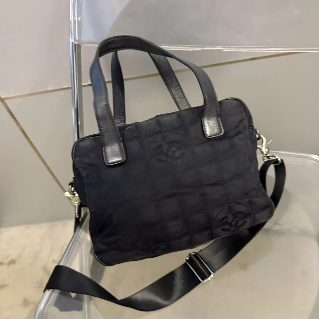 95新 Chanel/香奈儿 二奢男包 黑色冰格 帆布拼皮 手提包 斜挎包