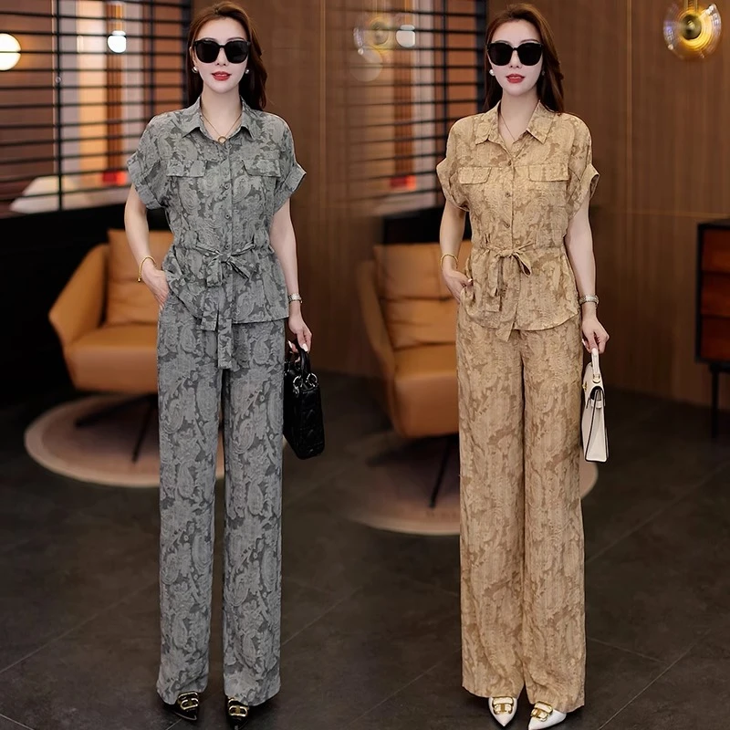 时尚洋气印花衬衣套装女2025年夏季新款垂感直筒裤气质短袖两件套