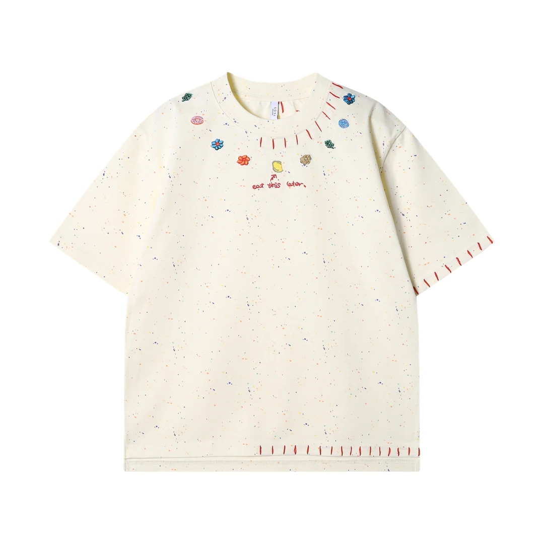 夏季高级感新款重工刺绣百搭绣花字母圆领短袖T恤简约泼墨情侣