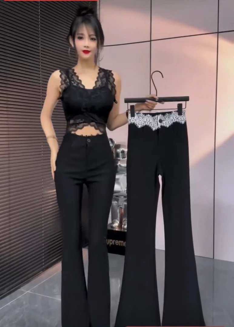 网红爆款蕾丝拼接西装拖地裤女2025早春新款纯欲风ins遮肉马蹄裤