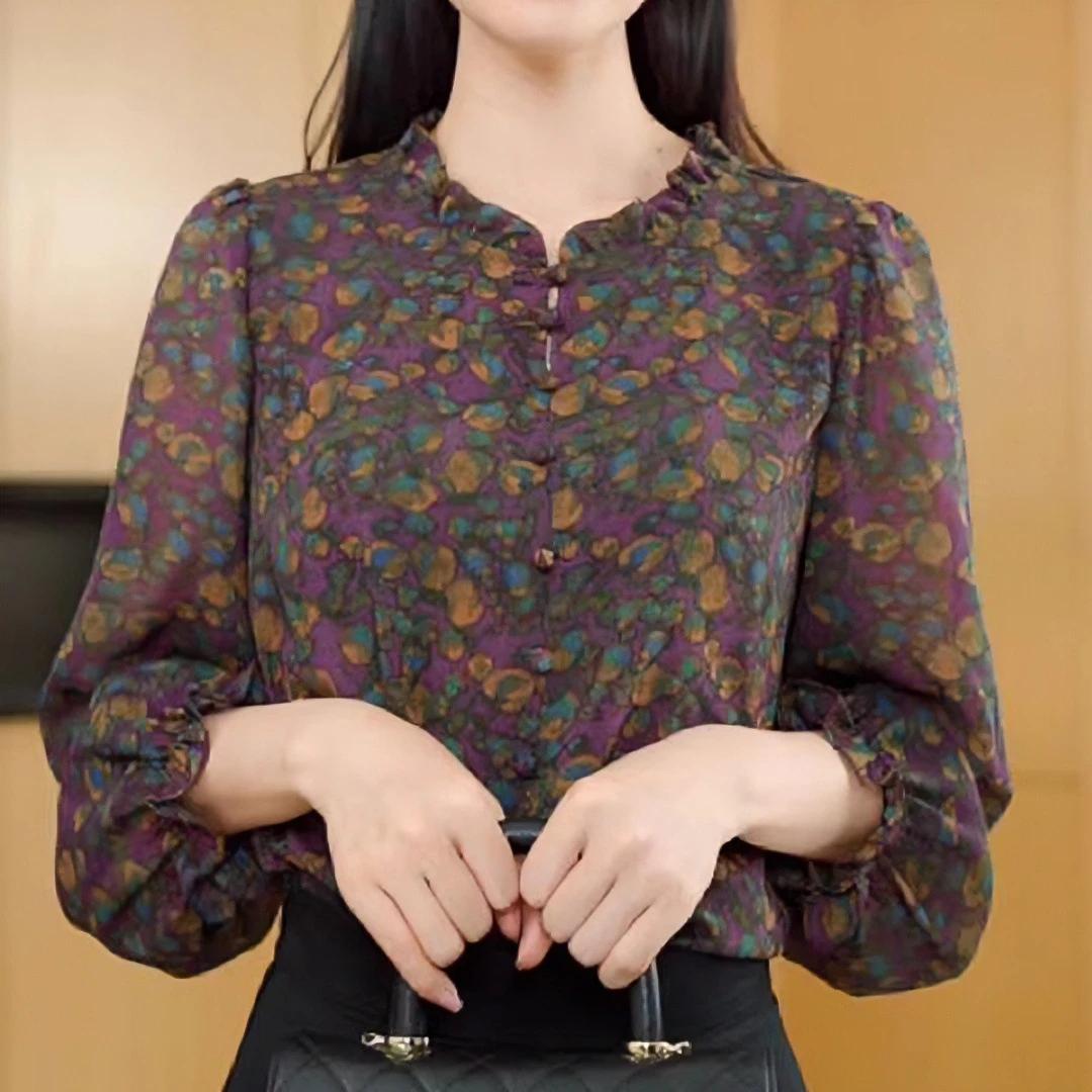 2025夏季新款时尚法式轻奢印花长袖遮肉显瘦薄款衬衫女装碎花气质