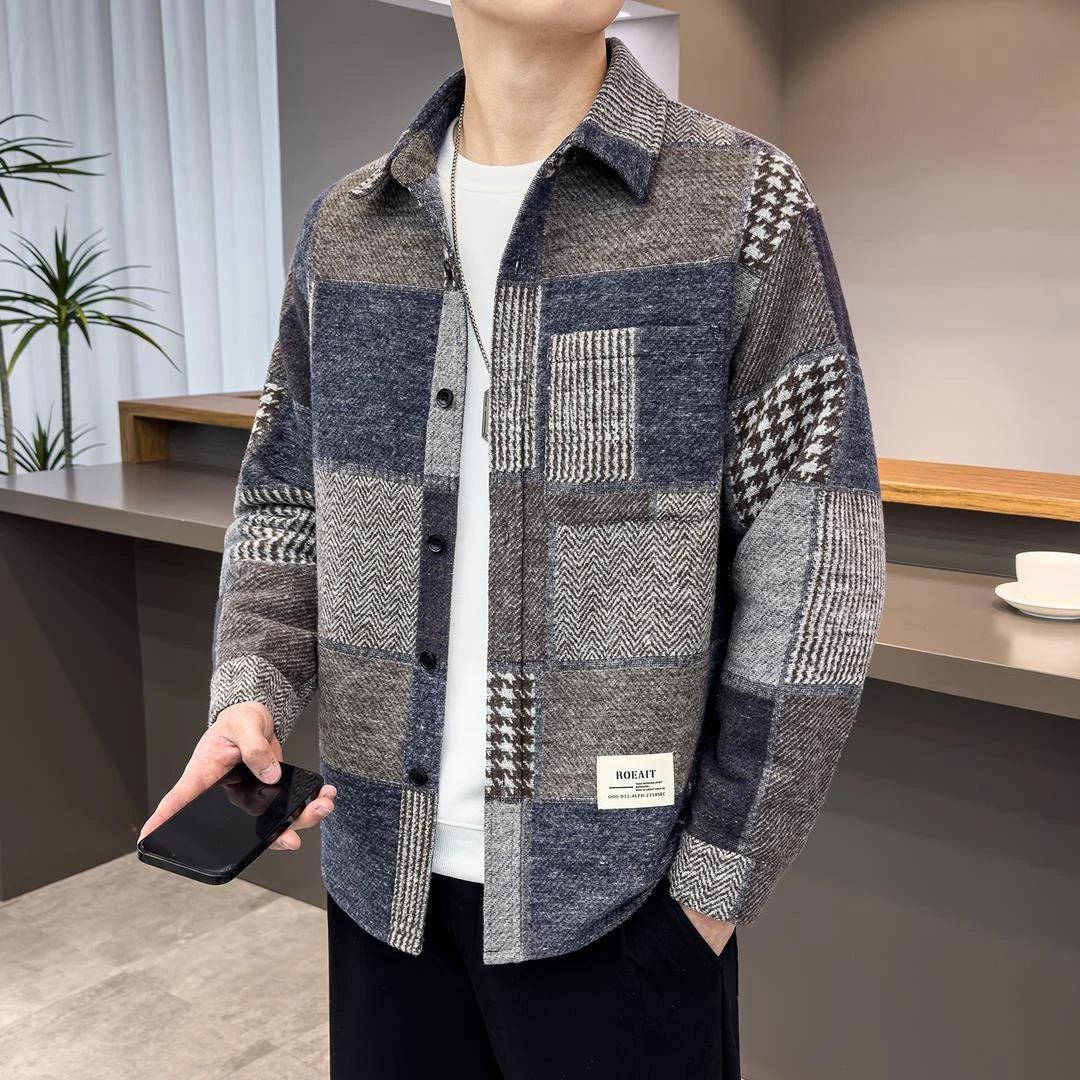 春季新款男士潮流百搭民族风格子衬衫复古花纹呢子衬衫翻领外套