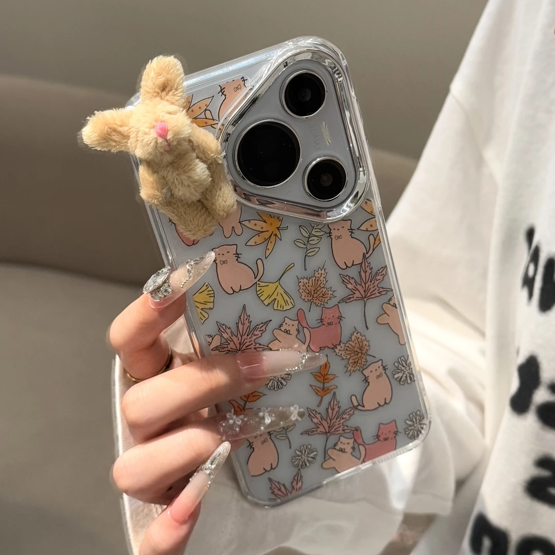 奥菲顿枫叶猫兔子公仔适用苹果17金属框16手机壳小米vivo华为oppo