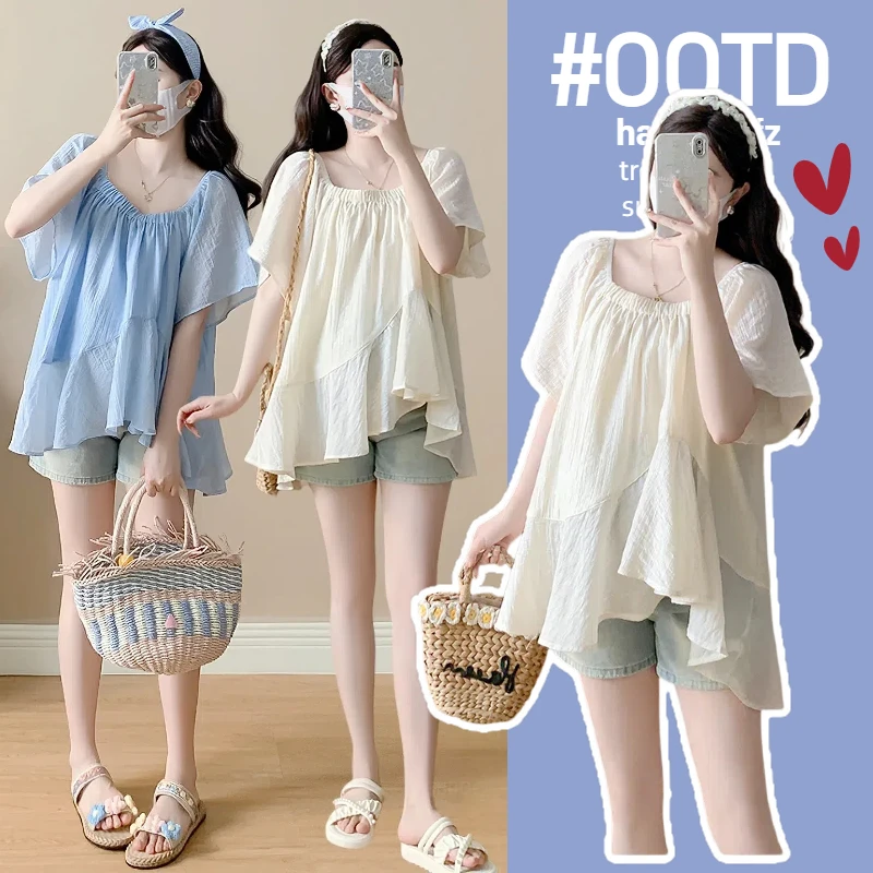 可盐可甜孕妇装韩版夏季新款短袖衬衫百搭款不规则衬衣上衣雪纺衫