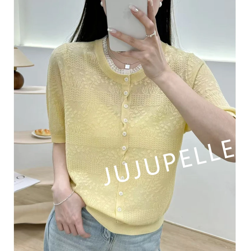 莱赛尔100提花蕾丝边纽扣2025夏季新款圆领针织假开衫薄款中袖女