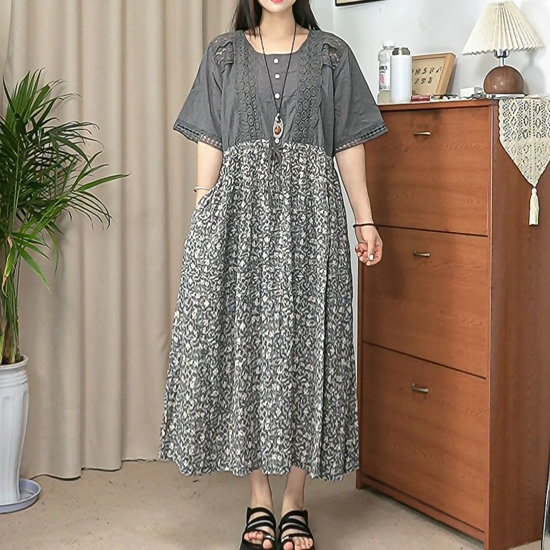 夏季新款刺绣镂空蕾丝包边宽松时尚大码连衣裙女